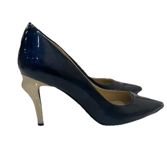 J.‎ RENEE Carrara Sz 7.5 M Navy Pointed Toe Gold High Heels Pumps Patent Leather - Picture 2 of 11